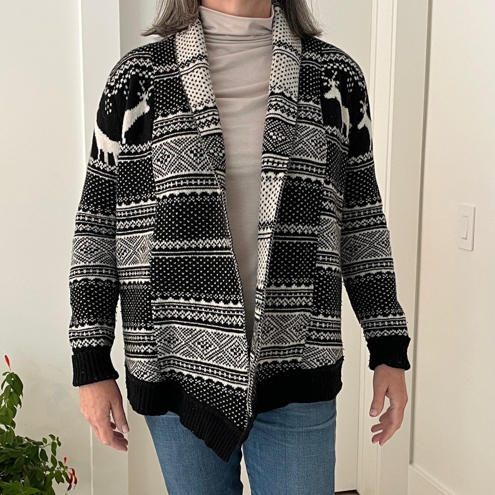 TELLURIDE CLOTHING Sweater Open Front Cardigan Deer Nordic Pattern Lambswool - Picture 3 of 17
